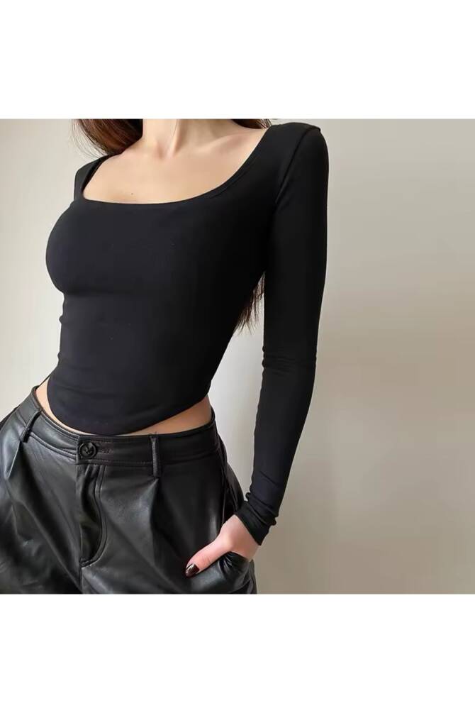 Basic U Yaka Pamuklu Siyah Crop Bluz - 18