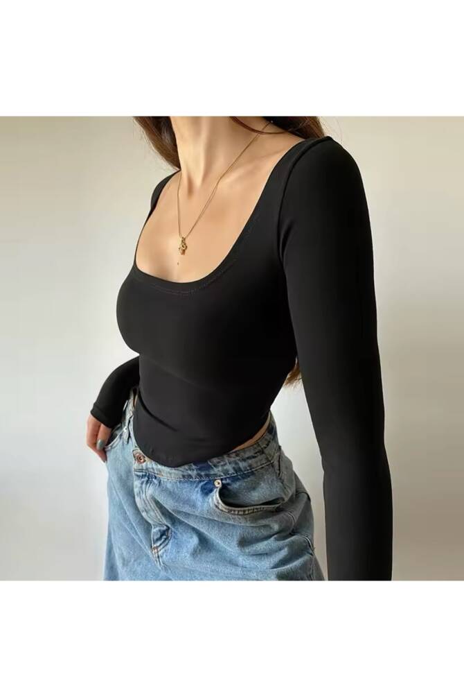 Basic U Yaka Pamuklu Siyah Crop Bluz - 16