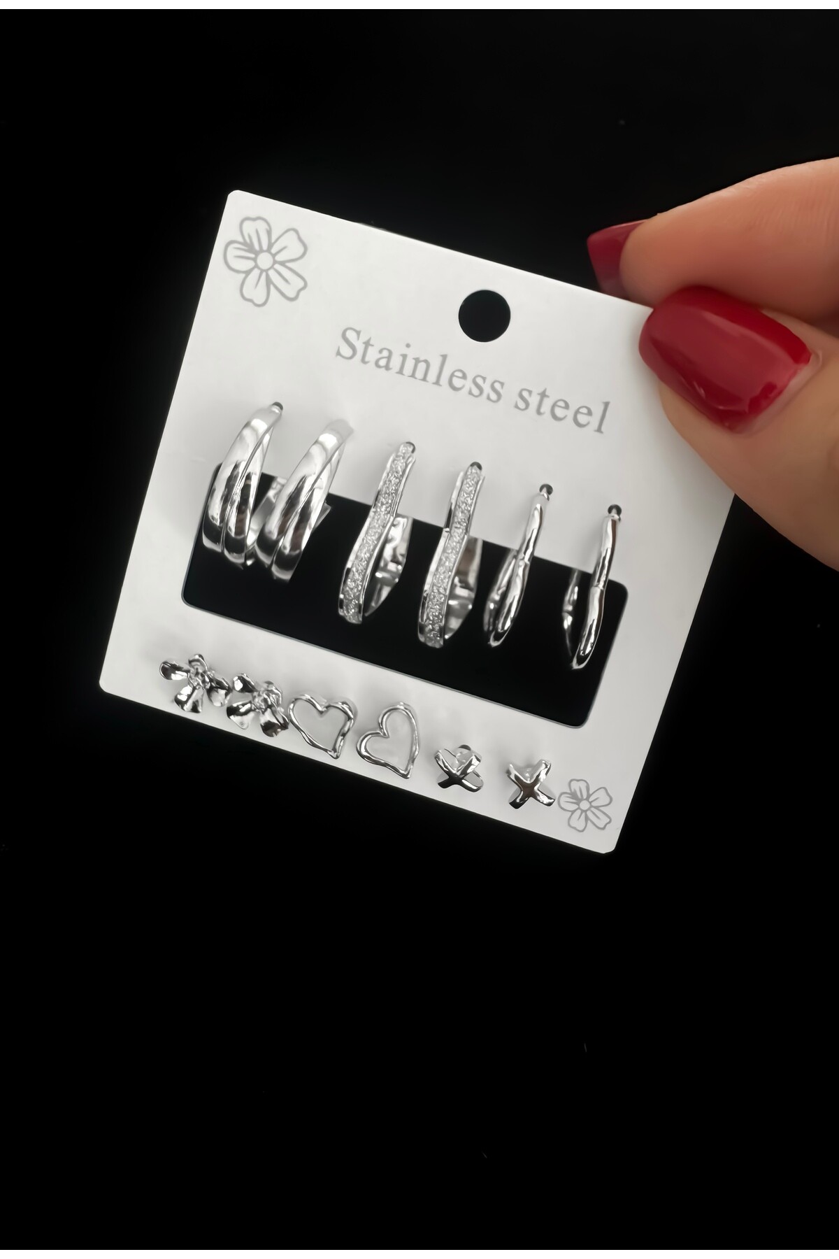 Çoklu Halka Küpe, Kalpli Küpe, 6’lı Küpe Seti - DarkellaStore