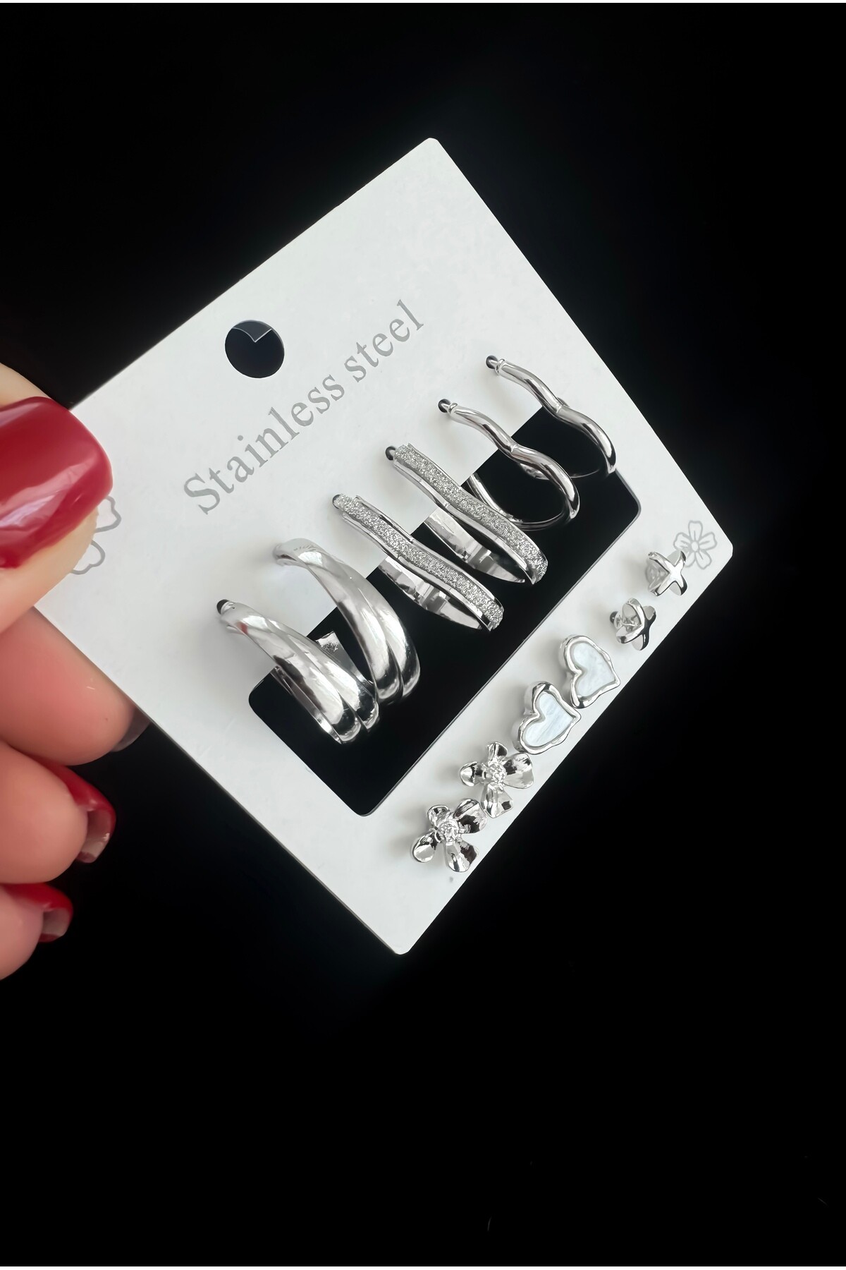 Çoklu Halka Küpe, Kalpli Küpe, 6’lı Küpe Seti - 2