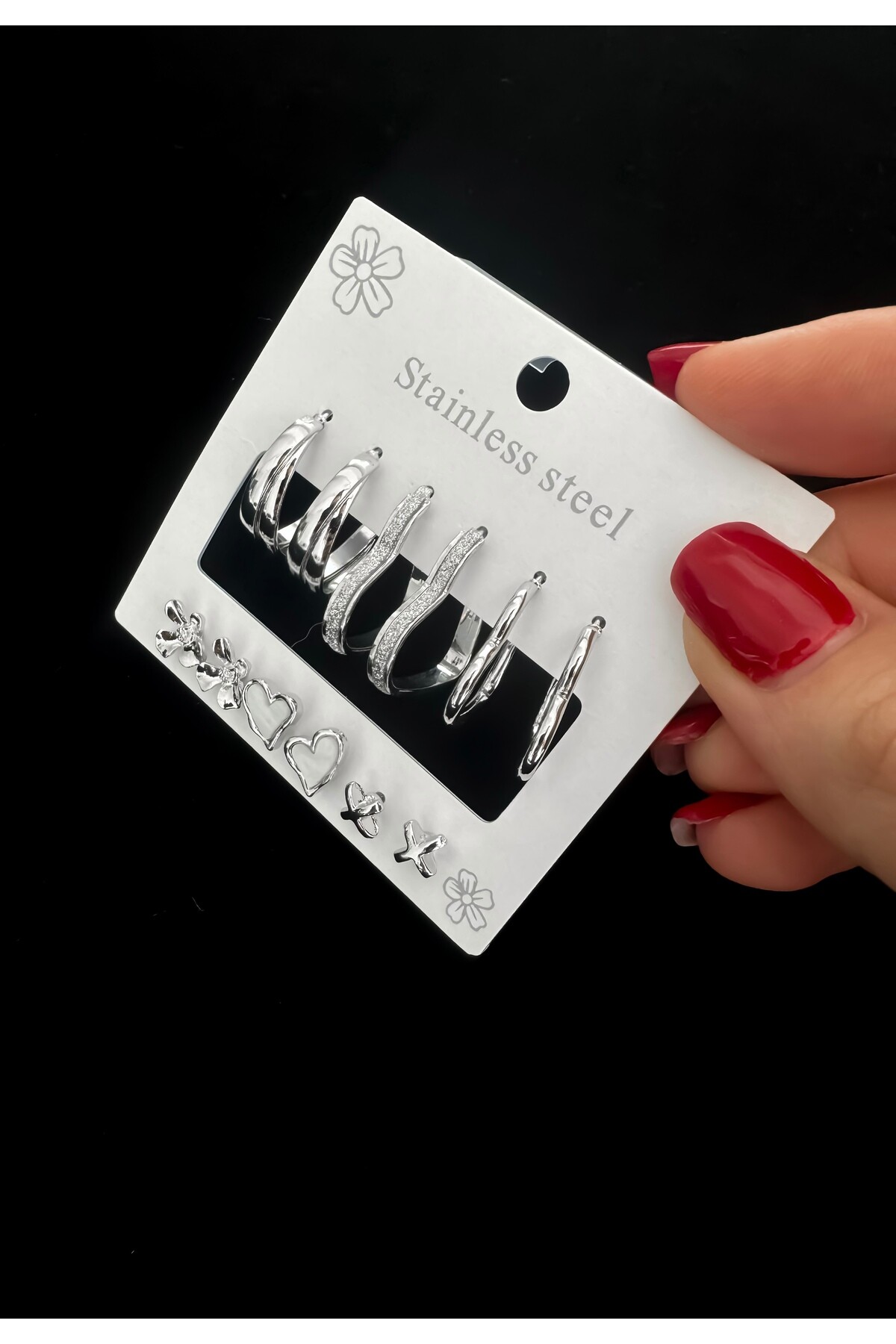 Çoklu Halka Küpe, Kalpli Küpe, 6’lı Küpe Seti - 3