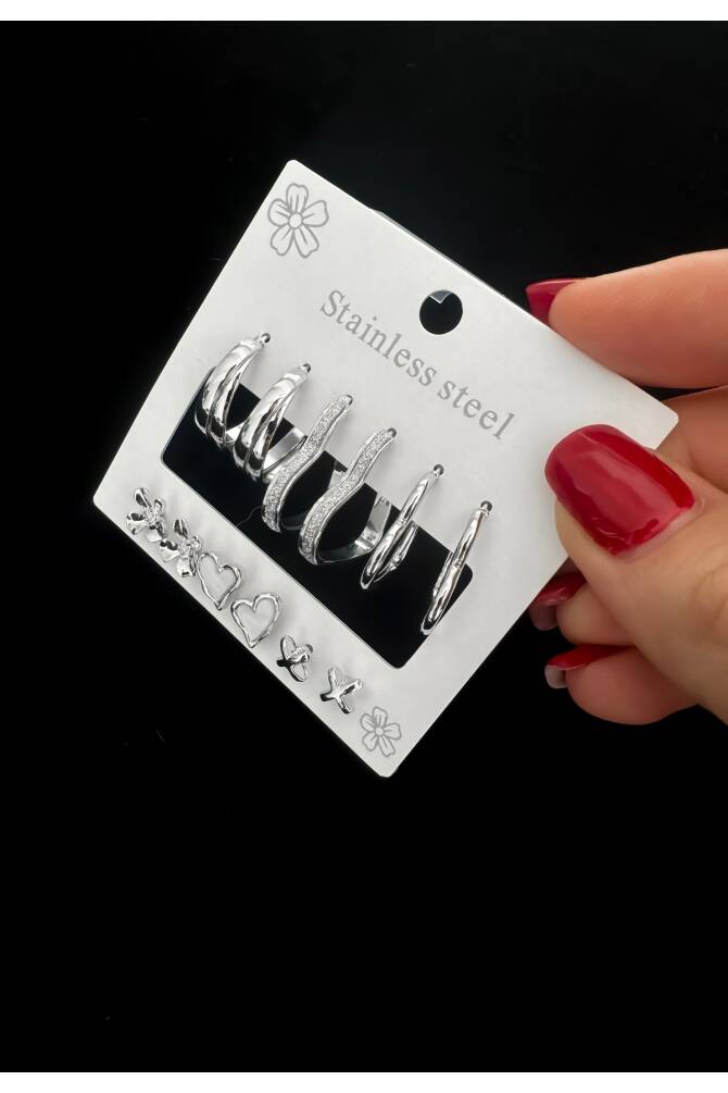 Çoklu Halka Küpe, Kalpli Küpe, 6’lı Küpe Seti - 3