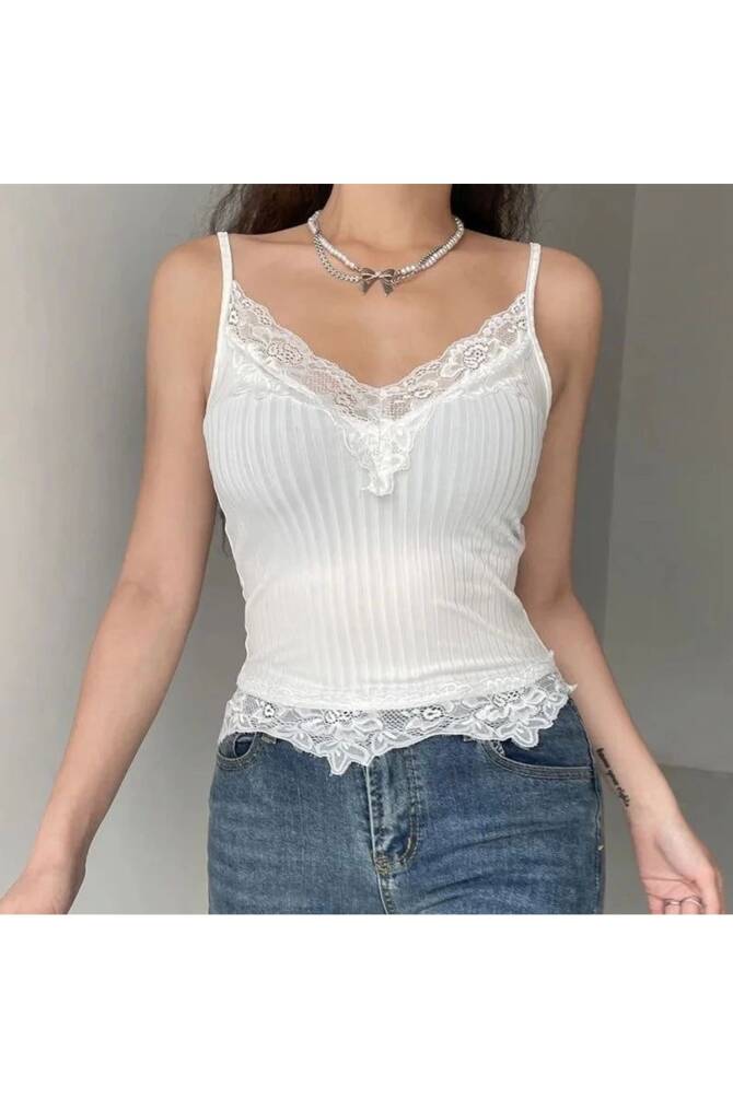 Dantelli Askılı Beyaz Crop T-Shirt - 1