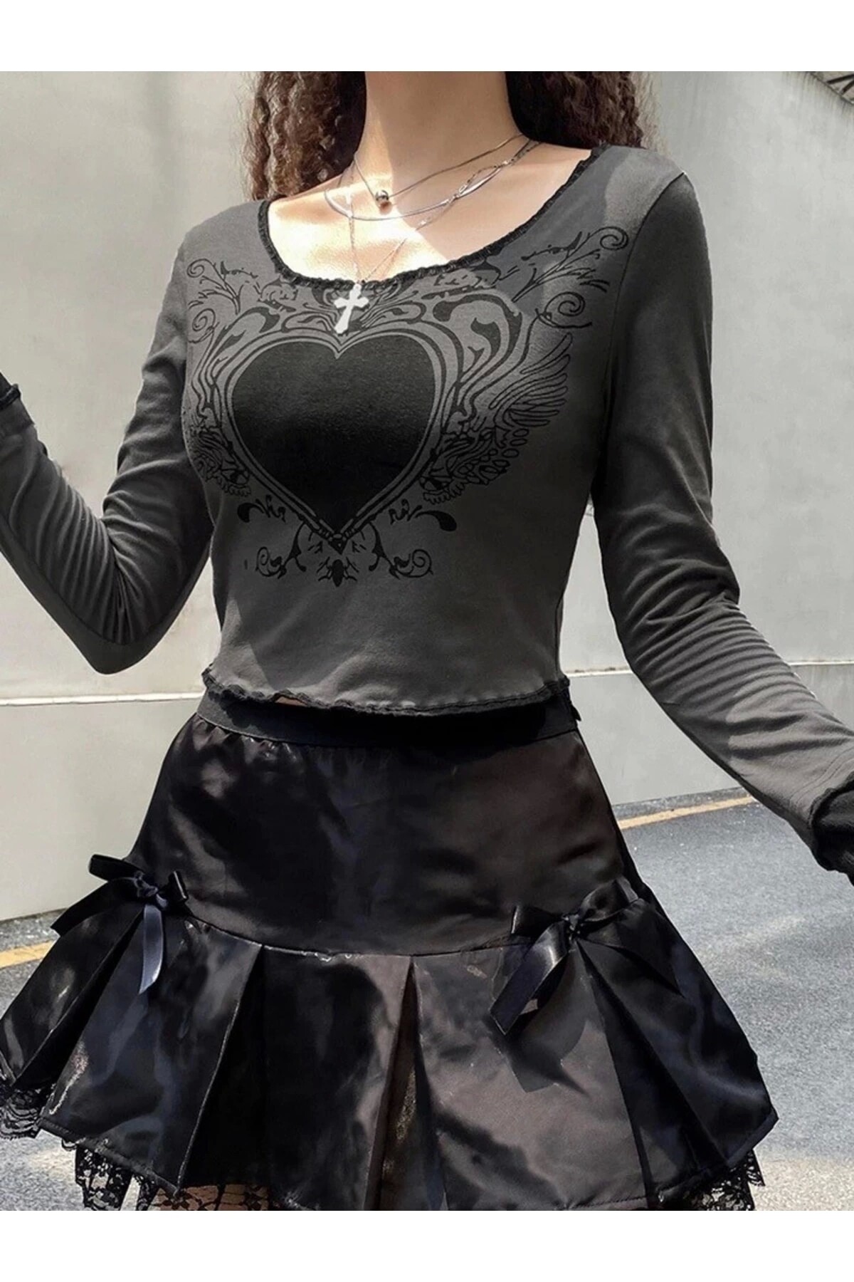 Gothic Gotik Grunge Heart Uzun Kollu Crop Bluz - 8
