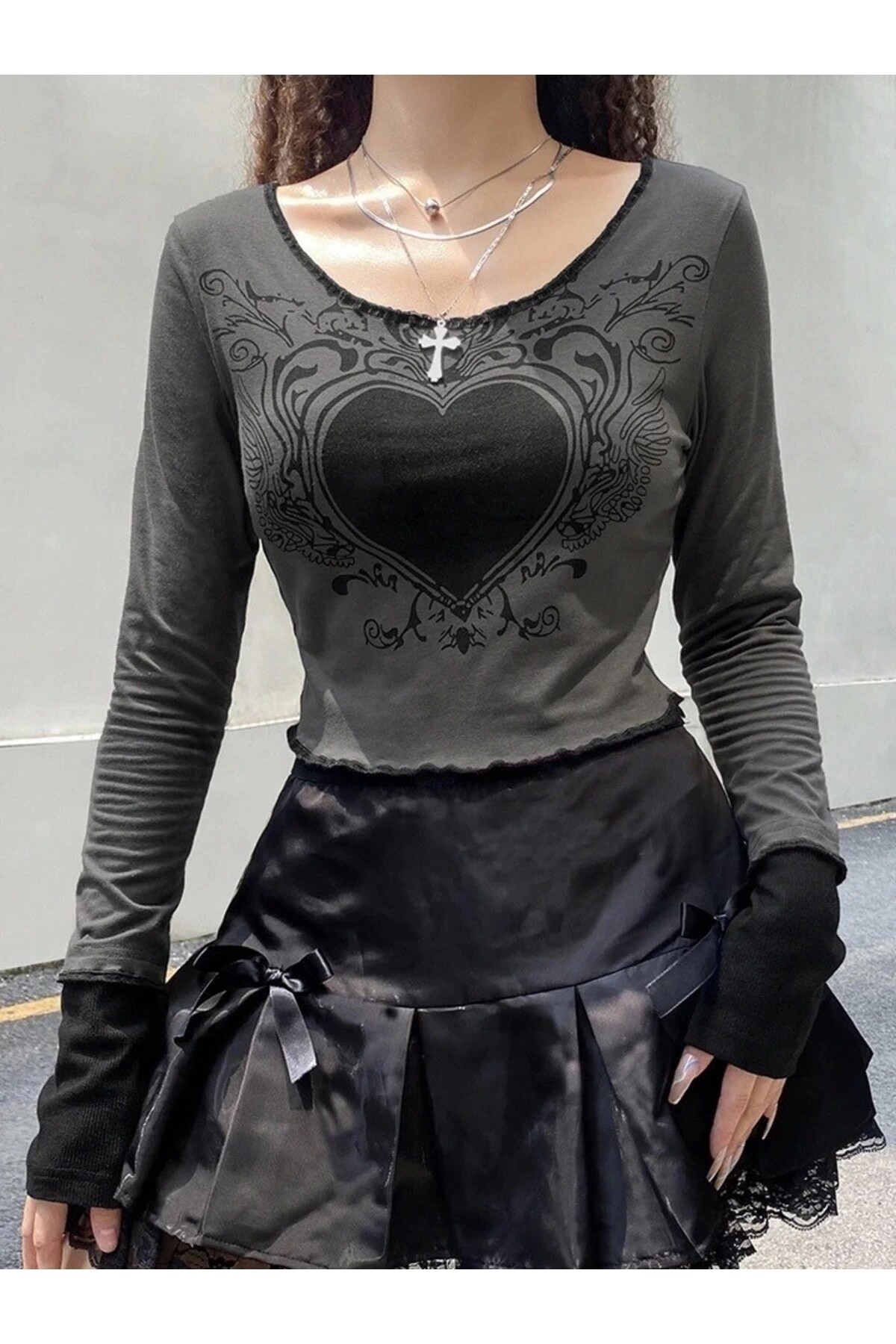 Gothic Gotik Grunge Heart Uzun Kollu Crop Bluz - 3