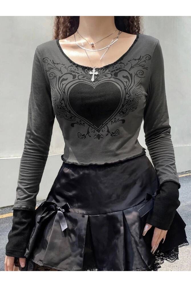 Gothic Gotik Grunge Heart Uzun Kollu Crop Bluz - 3