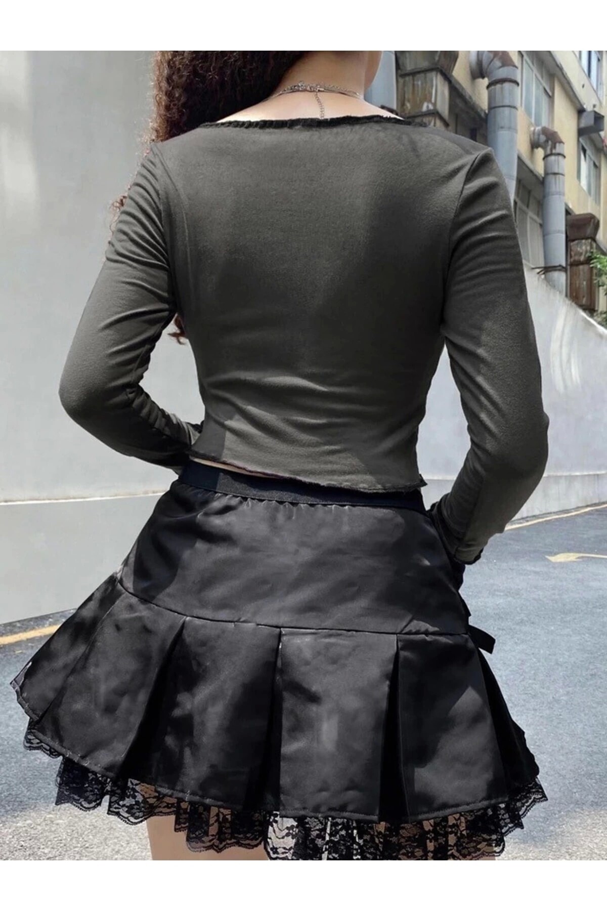 Gothic Gotik Grunge Heart Uzun Kollu Crop Bluz - 1