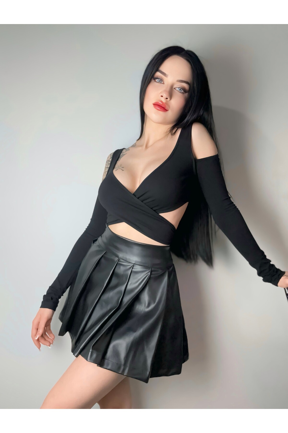 Gothic Gotik Harajuku Suni Deri Yüksek Bel Mini Pileli Etek, Siyah Mini Deri Pileli Etek - 3