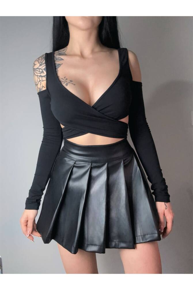 Gothic Gotik Harajuku Suni Deri Yüksek Bel Mini Pileli Etek, Siyah Mini Deri Pileli Etek - 4