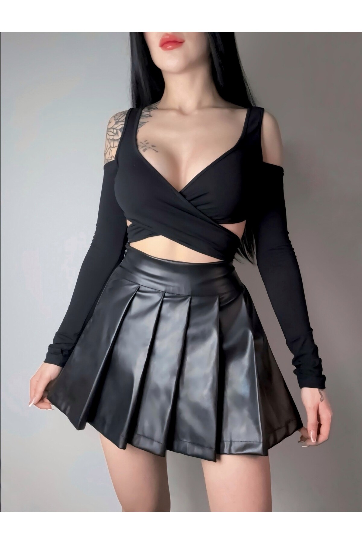 Gothic Gotik Harajuku Suni Deri Yüksek Bel Mini Pileli Etek, Siyah Mini Deri Pileli Etek - 5