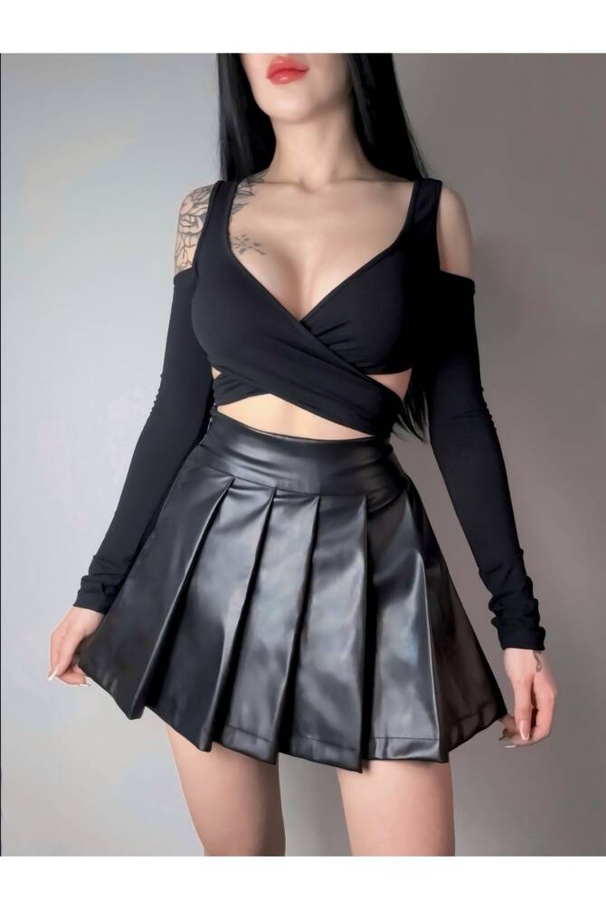 Gothic Gotik Harajuku Suni Deri Yüksek Bel Mini Pileli Etek, Siyah Mini Deri Pileli Etek - 5