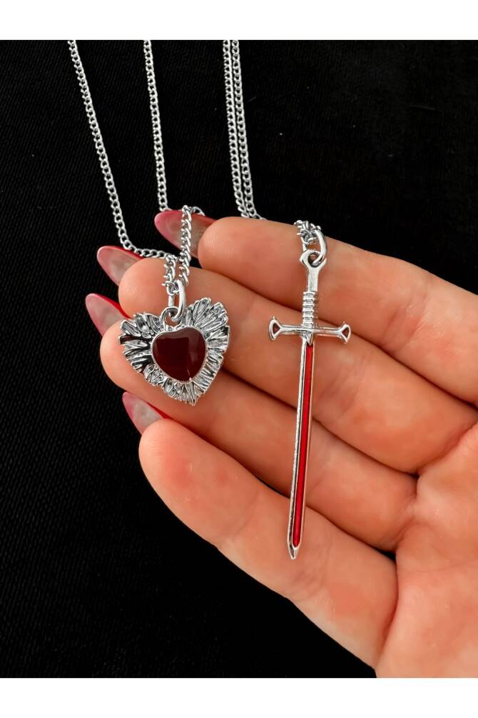 Gothic Gotik Kılıç ve Kalp 2li Çift Kolyesi Arkadaşlık Kolyesi Sevgili Kolyesi - 1