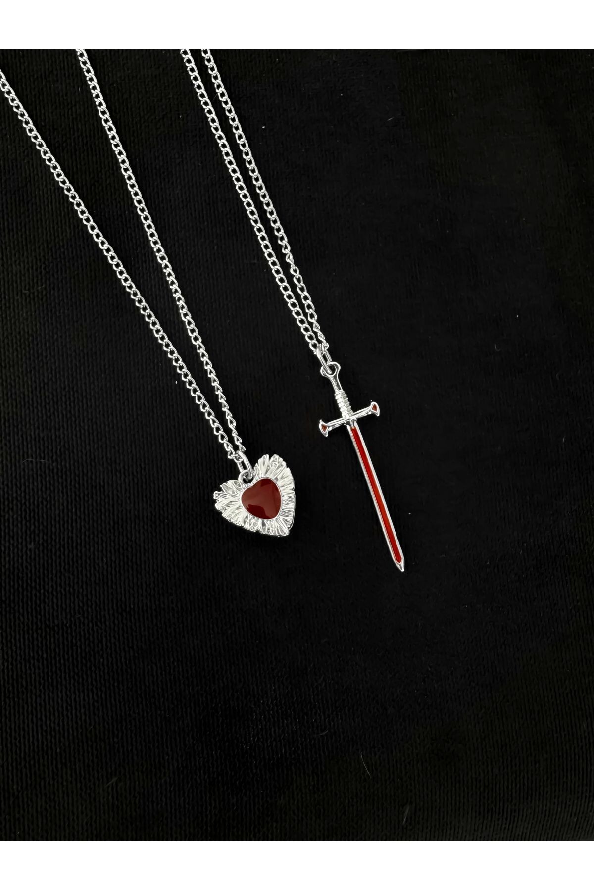Gothic Gotik Kılıç ve Kalp 2li Çift Kolyesi Arkadaşlık Kolyesi Sevgili Kolyesi - 2