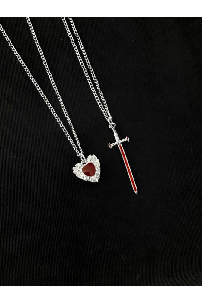 Gothic Gotik Kılıç ve Kalp 2li Çift Kolyesi Arkadaşlık Kolyesi Sevgili Kolyesi - 2