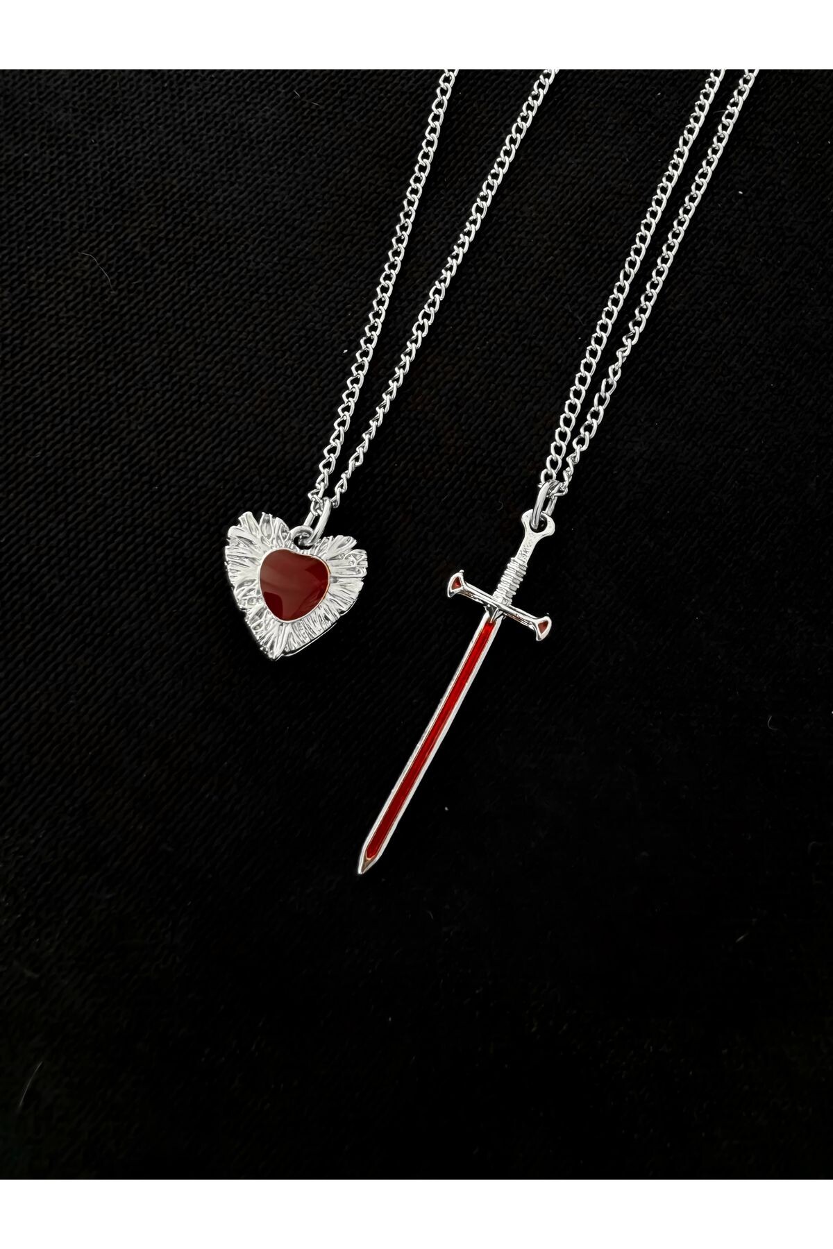 Gothic Gotik Kılıç ve Kalp 2li Çift Kolyesi Arkadaşlık Kolyesi Sevgili Kolyesi - 3