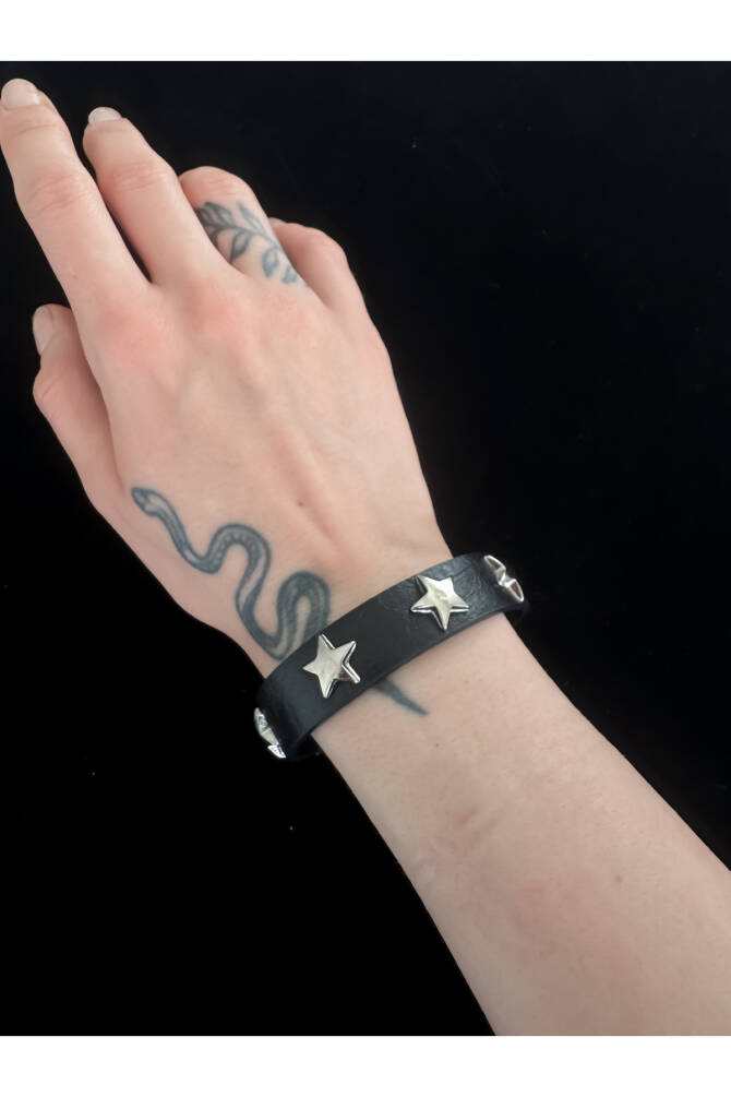 Gothic Gotik Punk Deri Yıldızlı Star Suni Deri Bileklik - 3