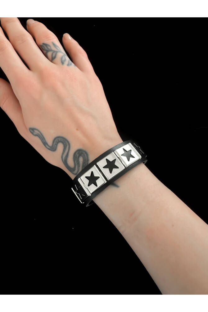 Gothic Gotik Punk Kare Yıldızlı Star Suni Deri Bileklik - 1