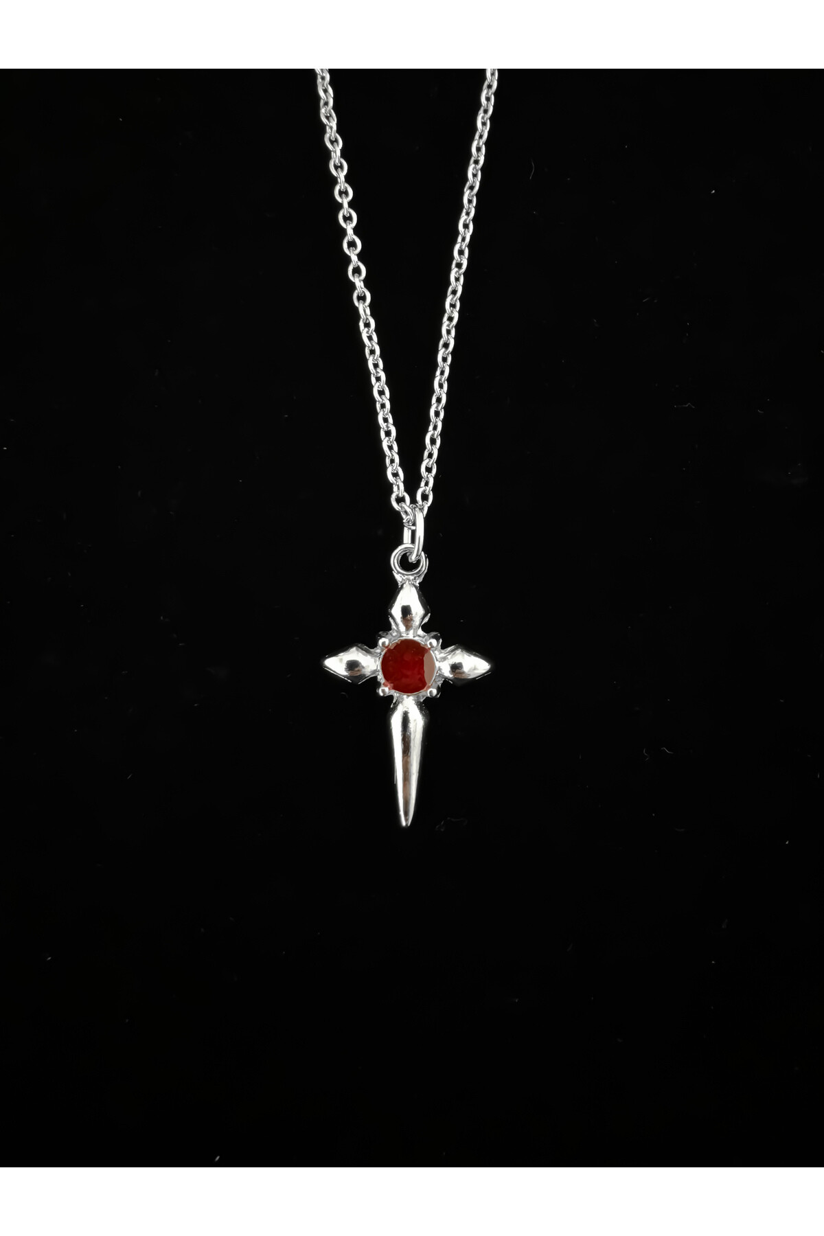 Gothic Gotik Punk Kırmızı Taşlı Haç Kolye - DarkellaStore