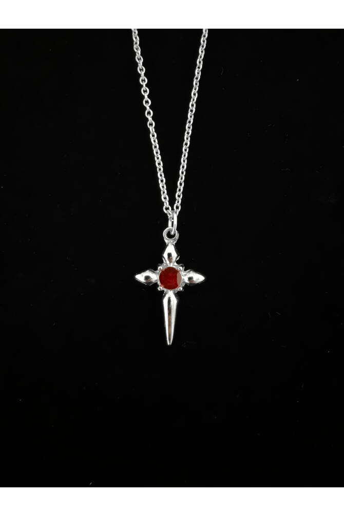 Gothic Gotik Punk Kırmızı Taşlı Haç Kolye - 1