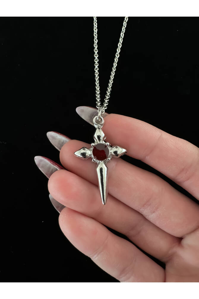 Gothic Gotik Punk Kırmızı Taşlı Haç Kolye - 2