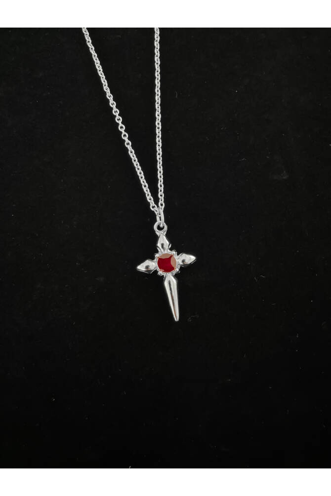 Gothic Gotik Punk Kırmızı Taşlı Haç Kolye - 3