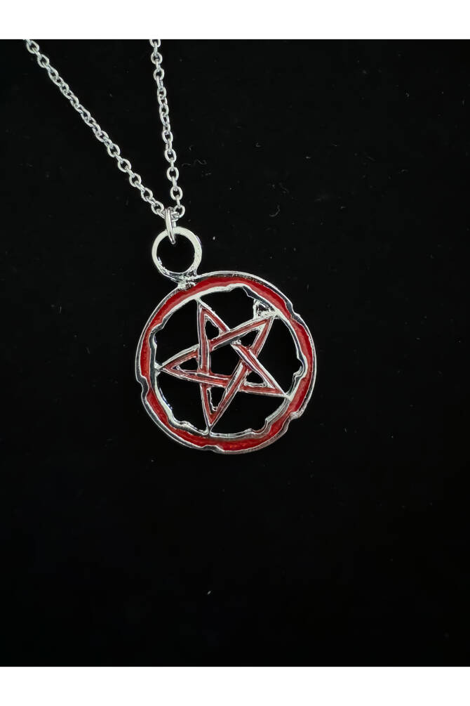 Gothic Gotik Punk Orta Boy Kırmızı Pentagram Kolye - 1