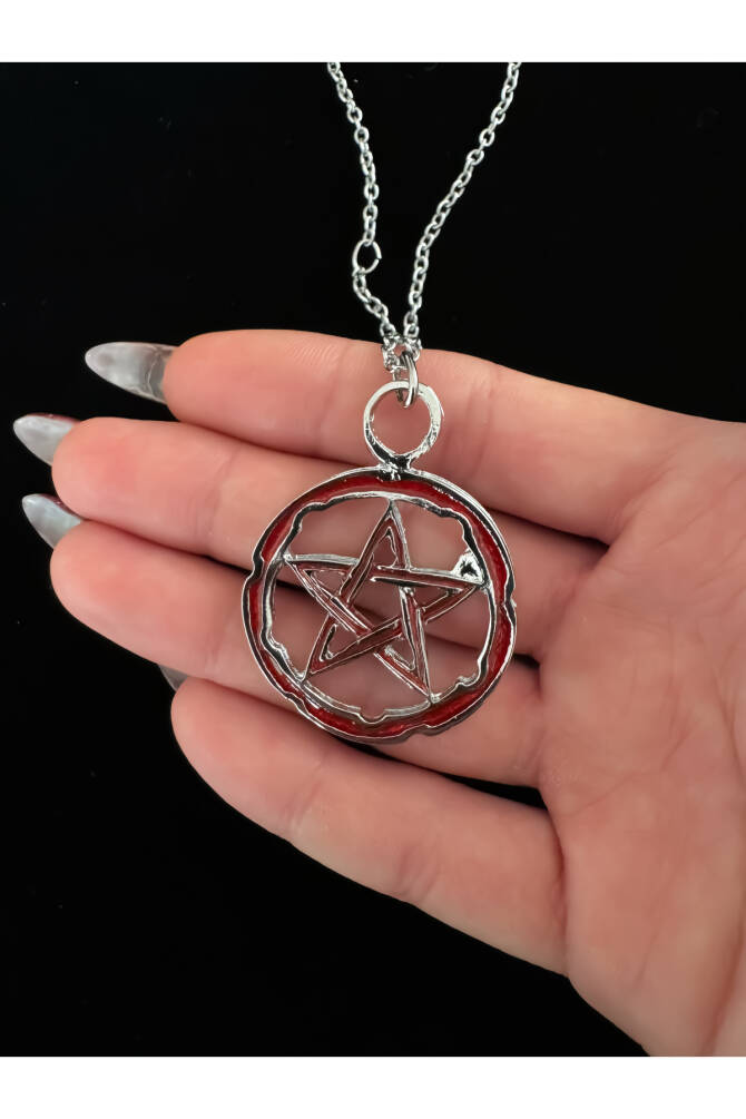 Gothic Gotik Punk Orta Boy Kırmızı Pentagram Kolye - 2