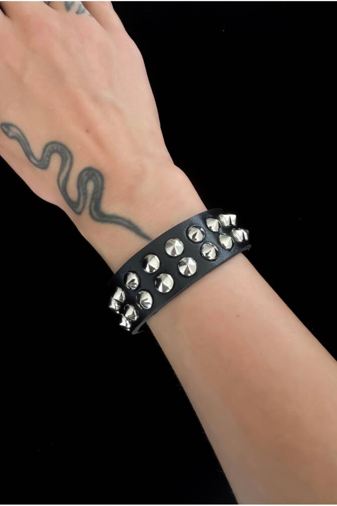 Gothic Gotik Punk Spikelı Zımbalı Suni Deri Bileklik, Dikenli Bileklik, Spike Bileklik - 1