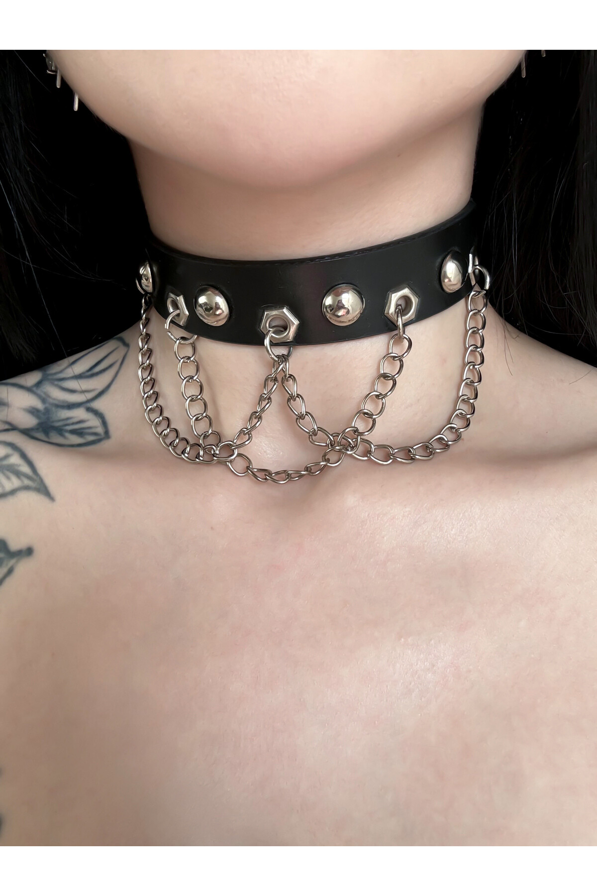Gothic Gotik Punk Zımbalı Zincirli Suni Deri Choker Boyunluk - 2
