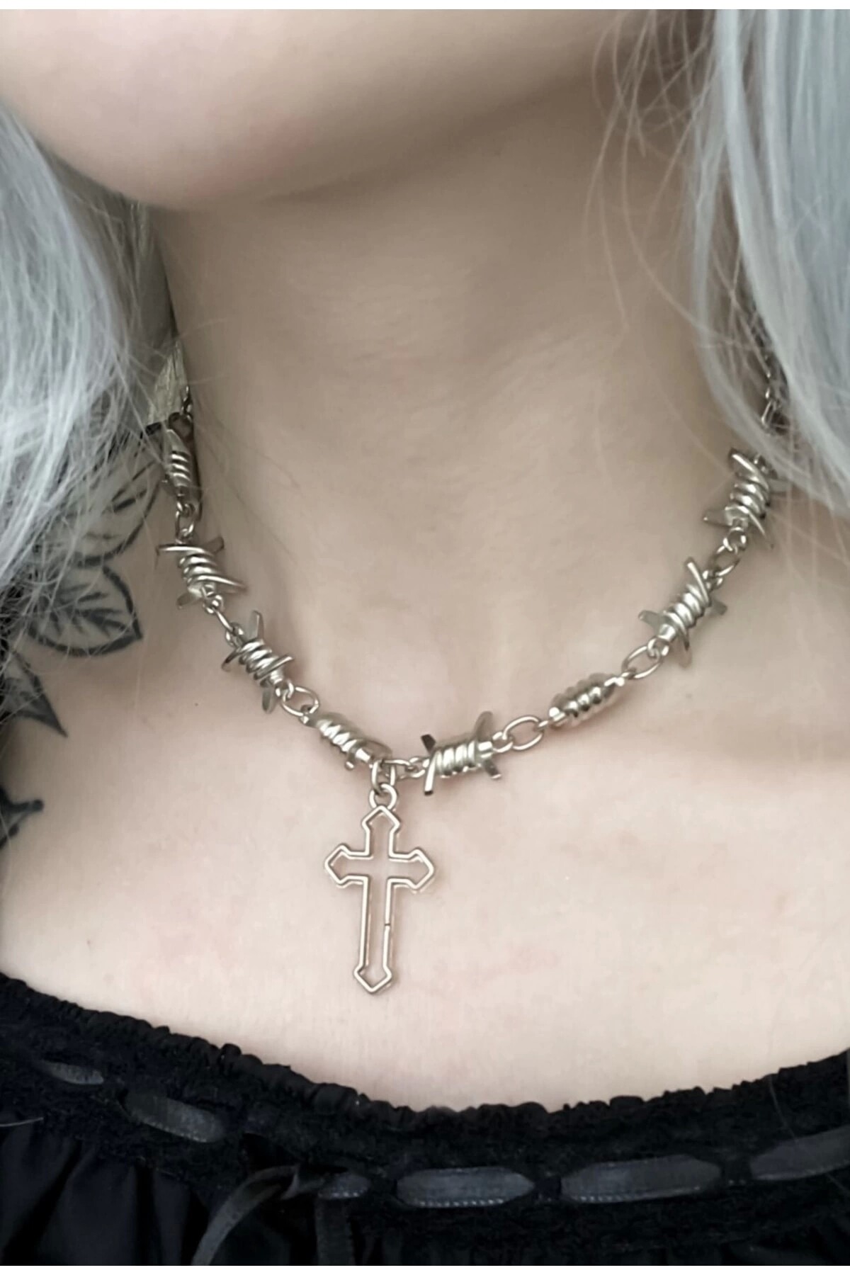 Gothic Punk Diken Zincirli Haçlı Kolye (unisex) - 2