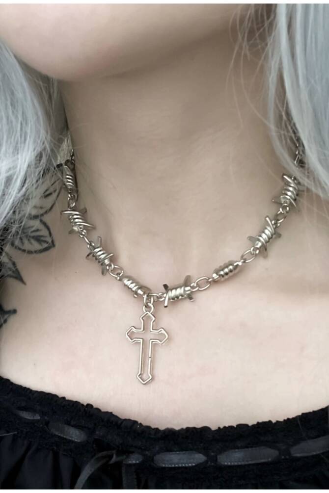 Gothic Punk Diken Zincirli Haçlı Kolye (unisex) - 2