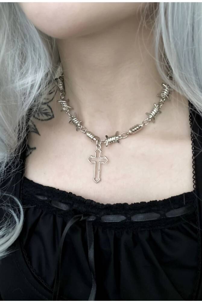 Gothic Punk Diken Zincirli Haçlı Kolye (unisex) - 3
