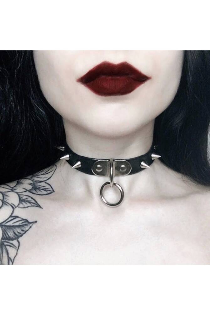 Gothic Punk Dikenli Halkalı Suni Deri Tasma Kolye Choker - 1