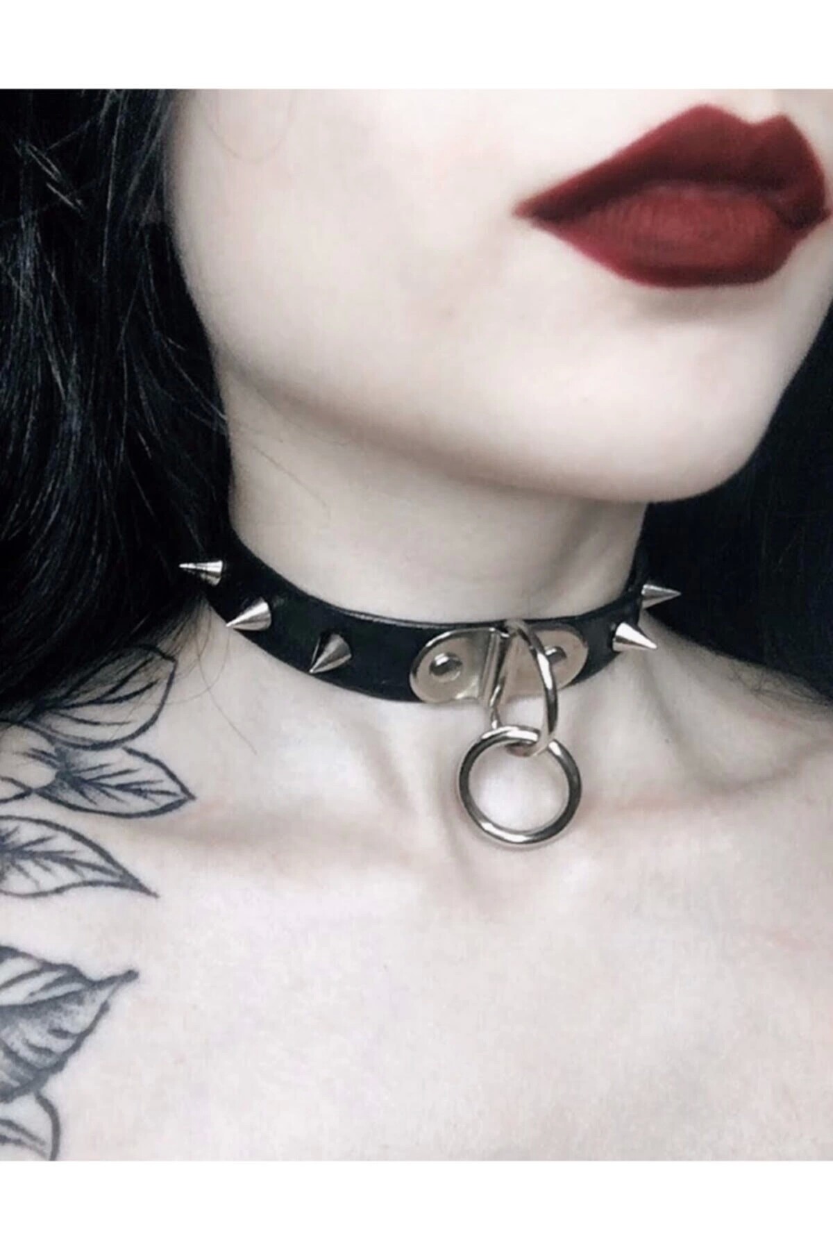 Gothic Punk Dikenli Halkalı Suni Deri Tasma Kolye Choker - 2