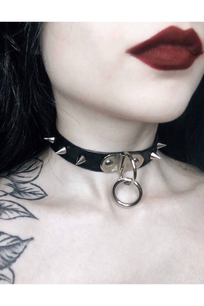 Gothic Punk Dikenli Halkalı Suni Deri Tasma Kolye Choker - 2