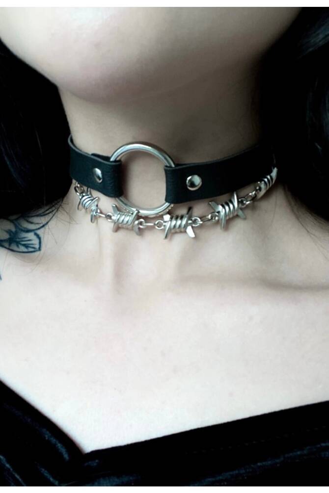 Gothic Punk Dikenli Zincirli Halkalı Deri Choker - 1