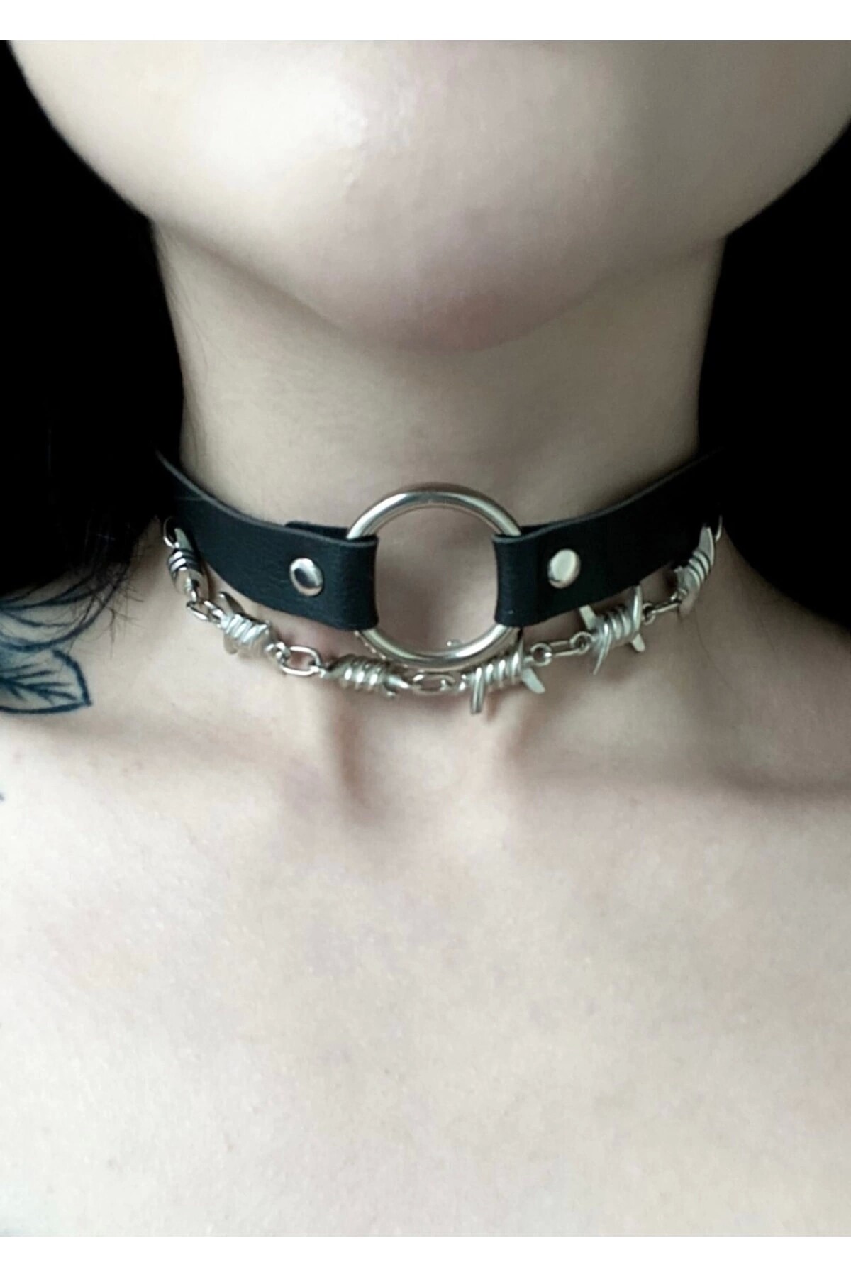 Gothic Punk Dikenli Zincirli Halkalı Deri Choker - 2