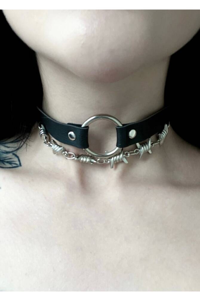 Gothic Punk Dikenli Zincirli Halkalı Deri Choker - 2