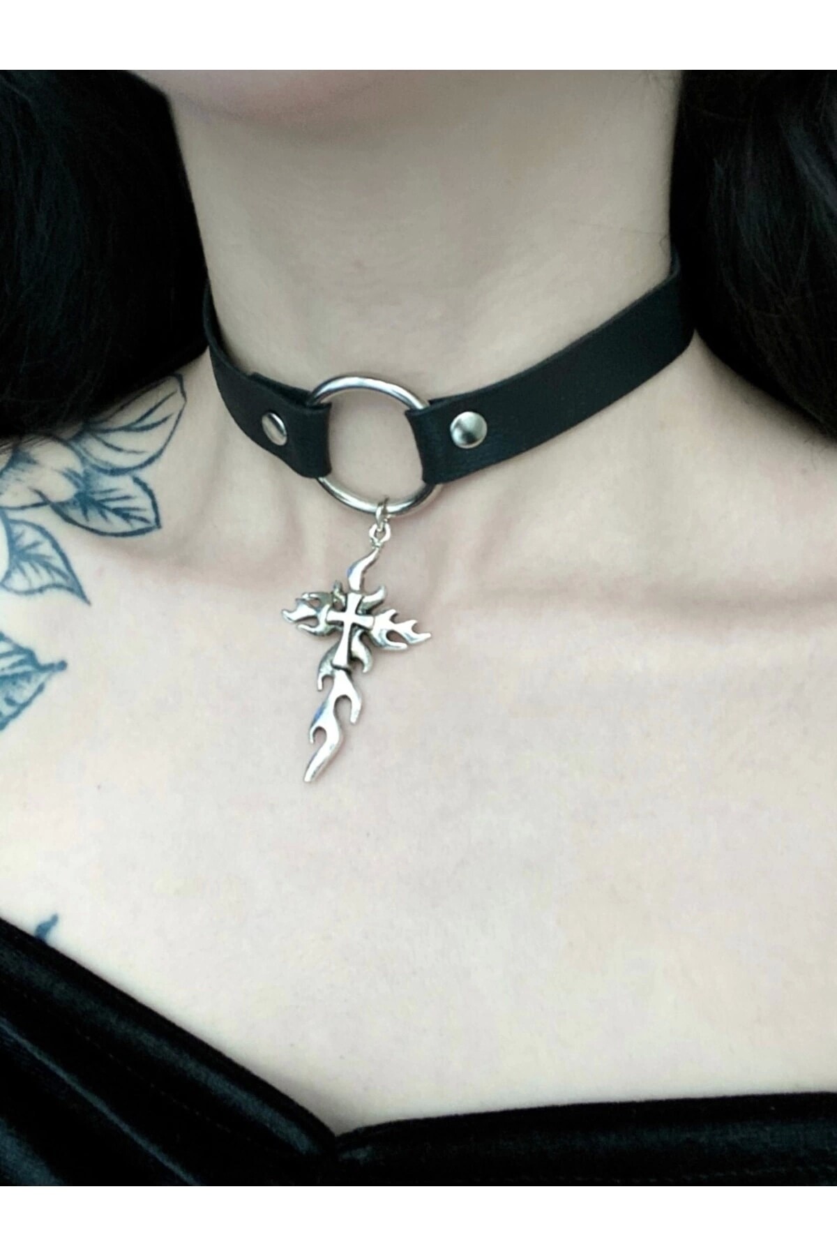 Gothic Punk Haçlı Halkalı Deri Choker Boyunluk - 2