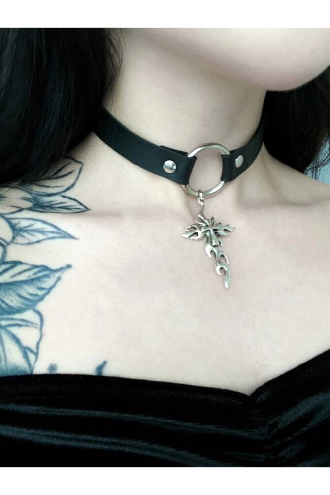 Gothic Punk Haçlı Halkalı Deri Choker Boyunluk - 3