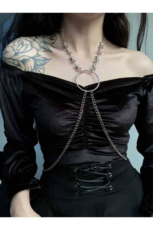 Gothic Punk Halka Detay Dikenli Harness Vücut Aksesuarı - 1