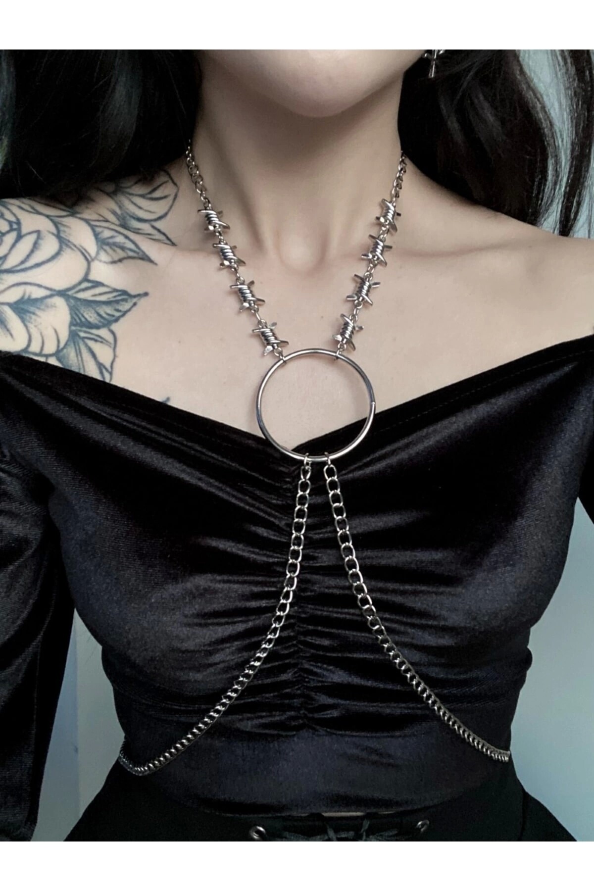 Gothic Punk Halka Detay Dikenli Harness Vücut Aksesuarı - 2