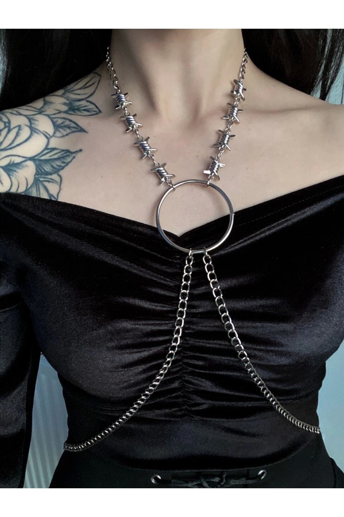 Gothic Punk Halka Detay Dikenli Harness Vücut Aksesuarı - 3