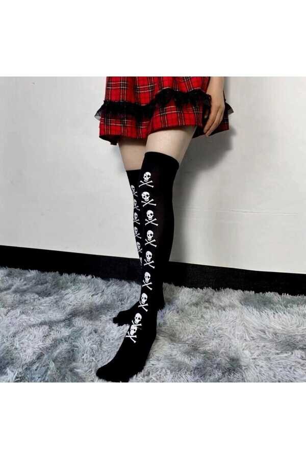 Gothic Punk Harajuku Kuru Kafa Siyah Diz Üstü Çorap - 1