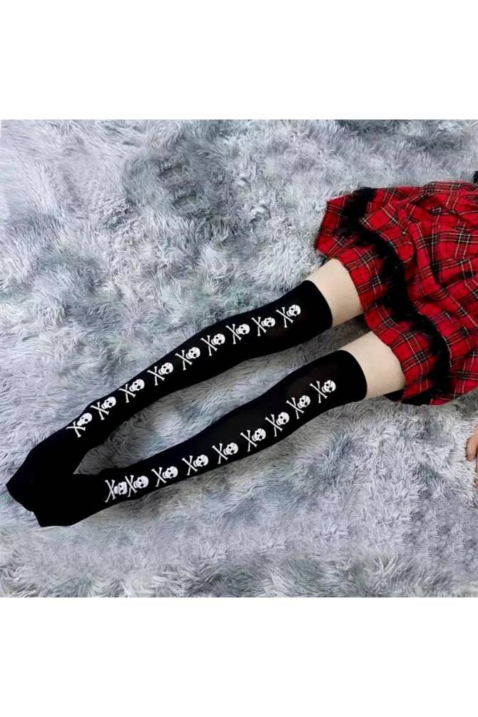 Gothic Punk Harajuku Kuru Kafa Siyah Diz Üstü Çorap - 2