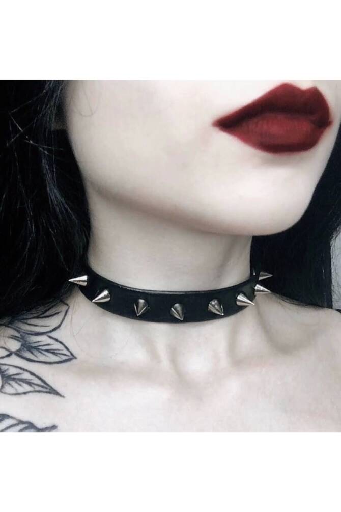 Gothic Punk Kısa Dikenli Suni Deri Tasma Kolye Chocker - 2