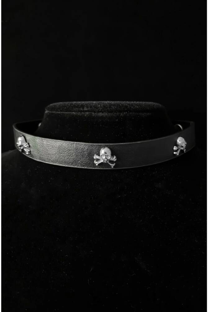 Gothic Punk Kuru Kafalı Siyah Deri Choker Boyunluk - 1