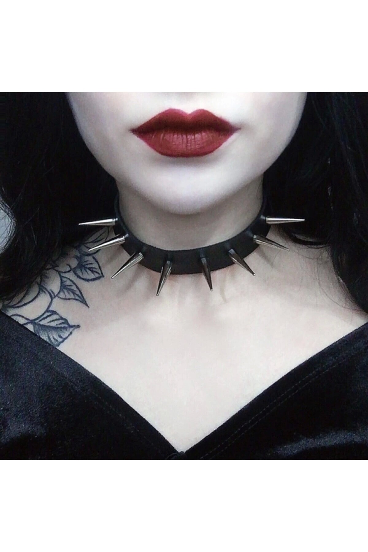 Gothic Punk Uzun Dikenli Suni Deri Tasma Kolye Chocker - DarkellaStore