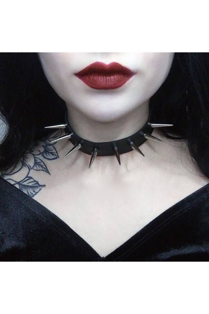 Gothic Punk Uzun Dikenli Suni Deri Tasma Kolye Chocker - 1