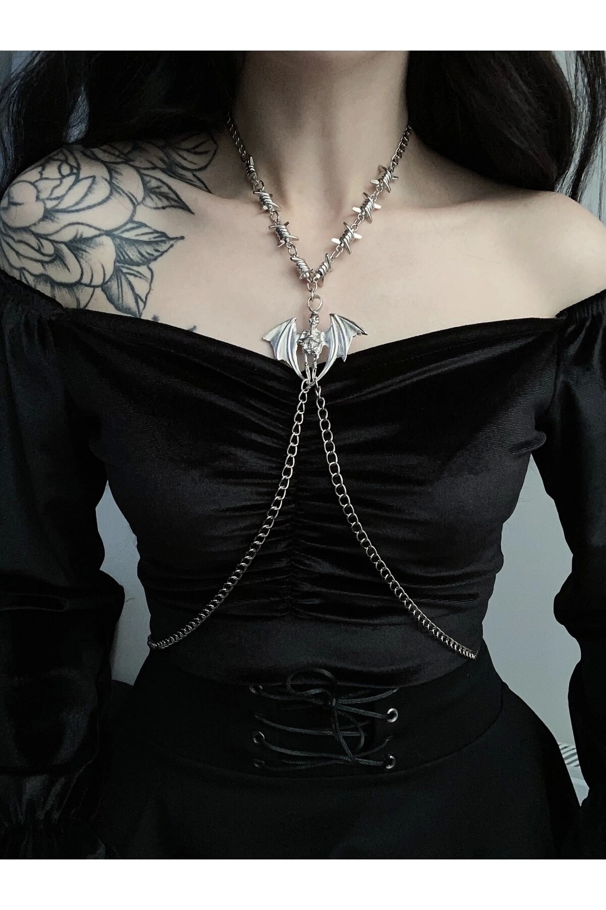 Gothic Punk Yarasa Iskelet Detay Dikenli Harness - DarkellaStore
